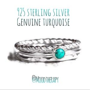 (2-13) 925 Sterling Silver Genuine 4mm Turquoise Bezel Set Gemstone Ring Set